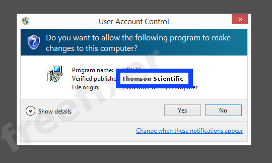 Screenshot where Thomson Scientific appears as the verified publisher in the UAC dialog